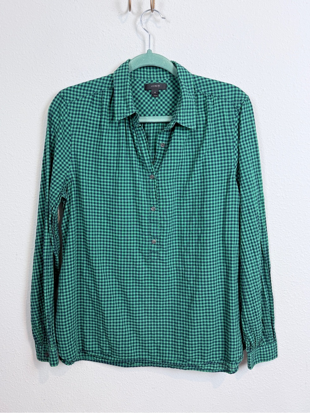 J. Crew Green & Blue Check Collared Henley Long Sleeve Shirt 10